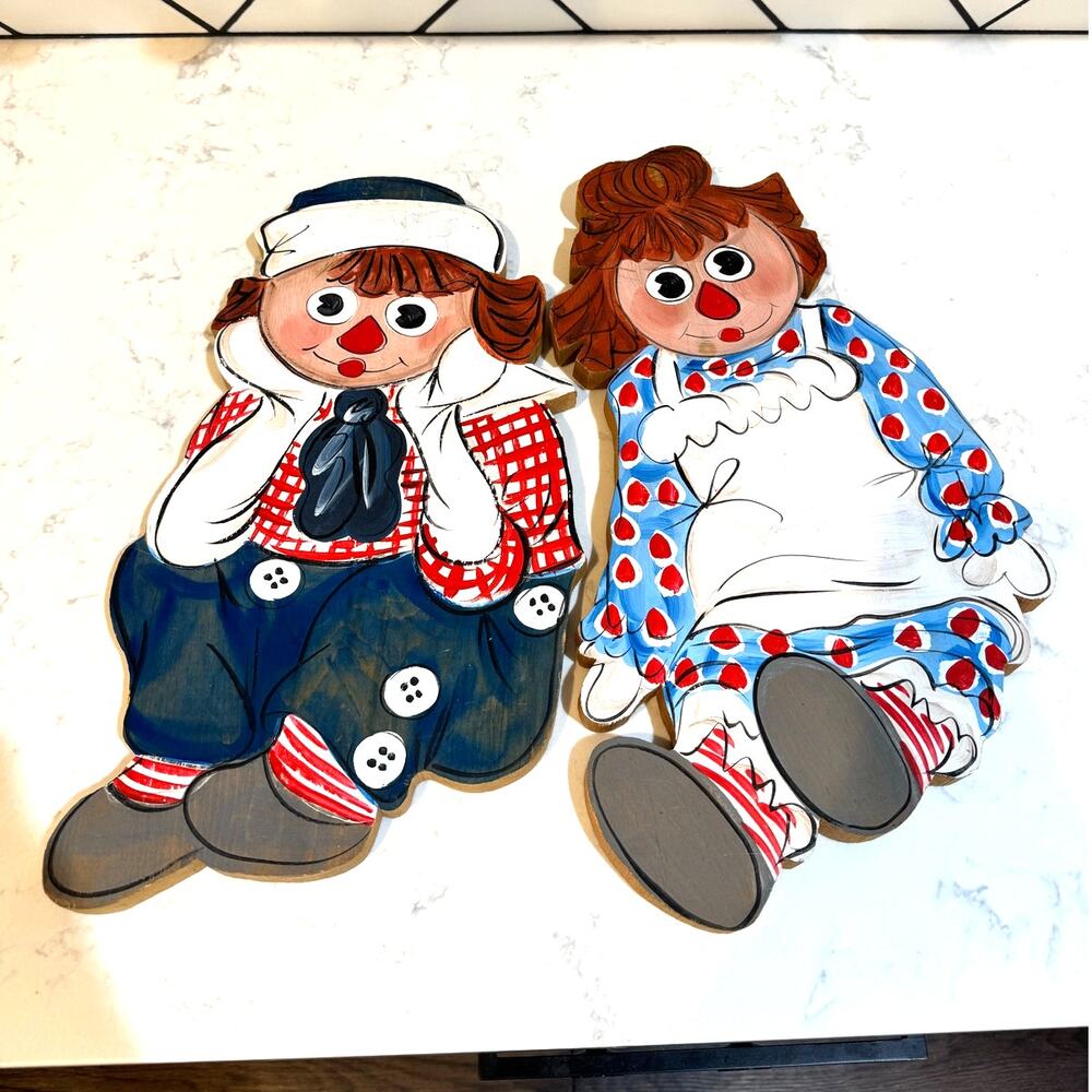 Vintage wooden hand painted Raggedy Anne and Andy wall decor set nostalgic